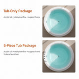 A round acrylic bathtub displayed from above with visible faucet fixtures.