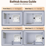 Diagrams showing various bathtub layouts and dimensions in a bathroom setting.