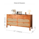 61" Rattan Dresser - 6 Drawers - Cherry Wood - Nordic Style