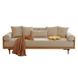 WEHOMZ Modern Japandi Sofa Bed in Ivory Cotton-Linen with Extendable Solid Wood Base