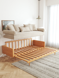 WEHOMZ Modern Japandi Sofa Bed in Ivory Cotton-Linen with Extendable Solid Wood Base
