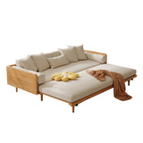 WEHOMZ Modern Japandi Sofa Bed in Ivory Cotton-Linen with Extendable Solid Wood Base