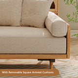WEHOMZ Modern Japandi Sofa Bed in Ivory Cotton-Linen with Extendable Solid Wood Base