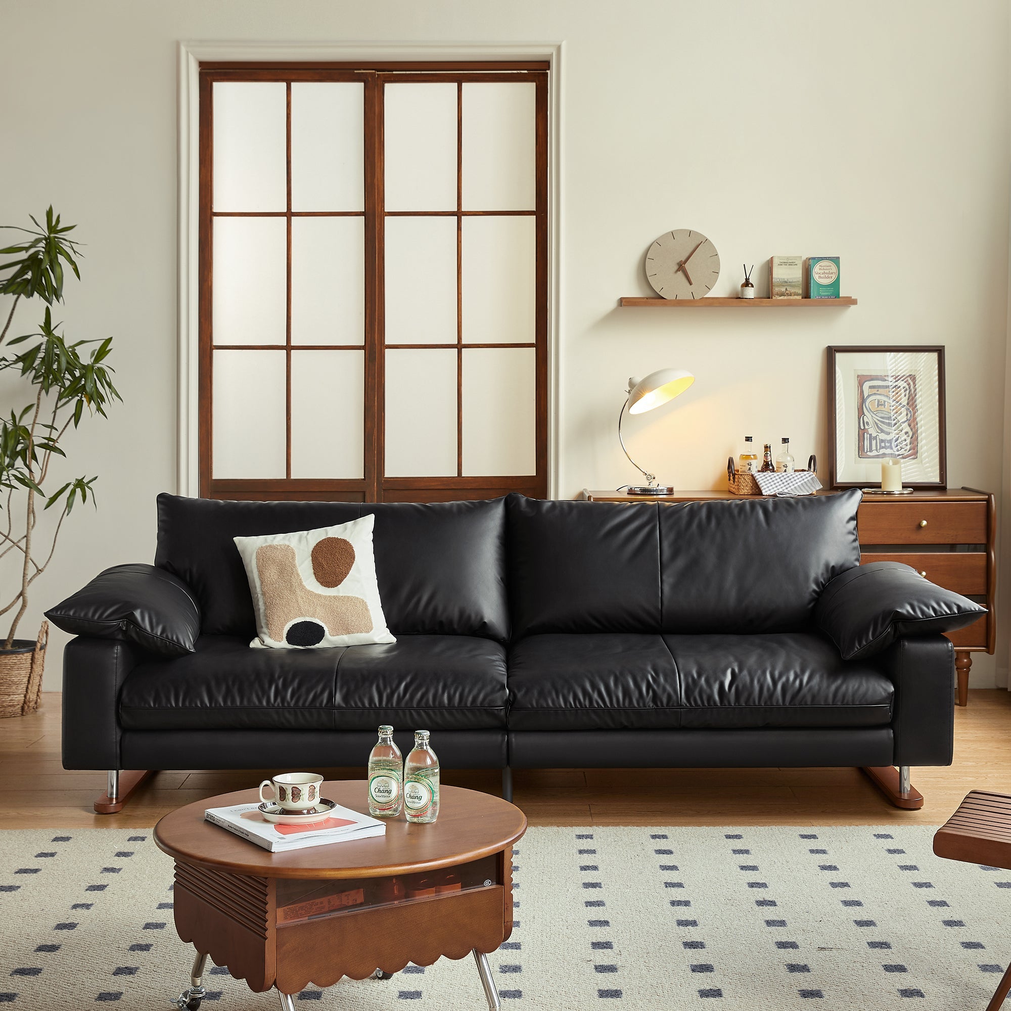 WEHOMZ Vintage Faux Leather Sofa Black & Beige, Soft Feather-Fill, Spacious 3-Seater