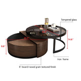 Modern Black & Walnut Round Coffee Table with 360-Degree Rotation & Glass Top