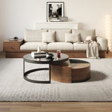 Modern Black & Walnut Round Coffee Table with 360-Degree Rotation & Glass Top