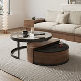 Modern Black & Walnut Round Coffee Table with 360-Degree Rotation & Glass Top