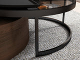 Modern Black & Walnut Round Coffee Table with 360-Degree Rotation & Glass Top