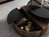 Modern Black & Walnut Round Coffee Table with 360-Degree Rotation & Glass Top