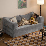 Corduroy Fabric Convertible Sofa Bed with Stainless Steel Frames in Caramel, Grey & Beige