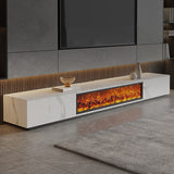 Modern Electric Fireplace TV Stand with Wood Storage, 2 Drawers, Solid Wood & Rock Panel, White/Black