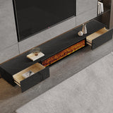 Modern Electric Fireplace TV Stand with Wood Storage, 2 Drawers, Solid Wood & Rock Panel, White/Black