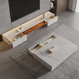 Modern Electric Fireplace TV Stand with Wood Storage, 2 Drawers, Solid Wood & Rock Panel, White/Black