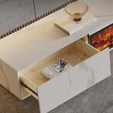 Modern Electric Fireplace TV Stand with Wood Storage, 2 Drawers, Solid Wood & Rock Panel, White/Black
