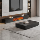 Modern Electric Fireplace TV Stand with Wood Storage, 2 Drawers, Solid Wood & Rock Panel, White/Black