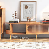 WEHOMZ Burlywood Extendable TV Stand with Sliding Glass Doors & Solid Wood Media Console