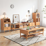 WEHOMZ Burlywood Extendable TV Stand with Sliding Glass Doors & Solid Wood Media Console