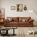 Vintage Brown Faux Leather Sofa with Wooden Frame & Soft Cushions