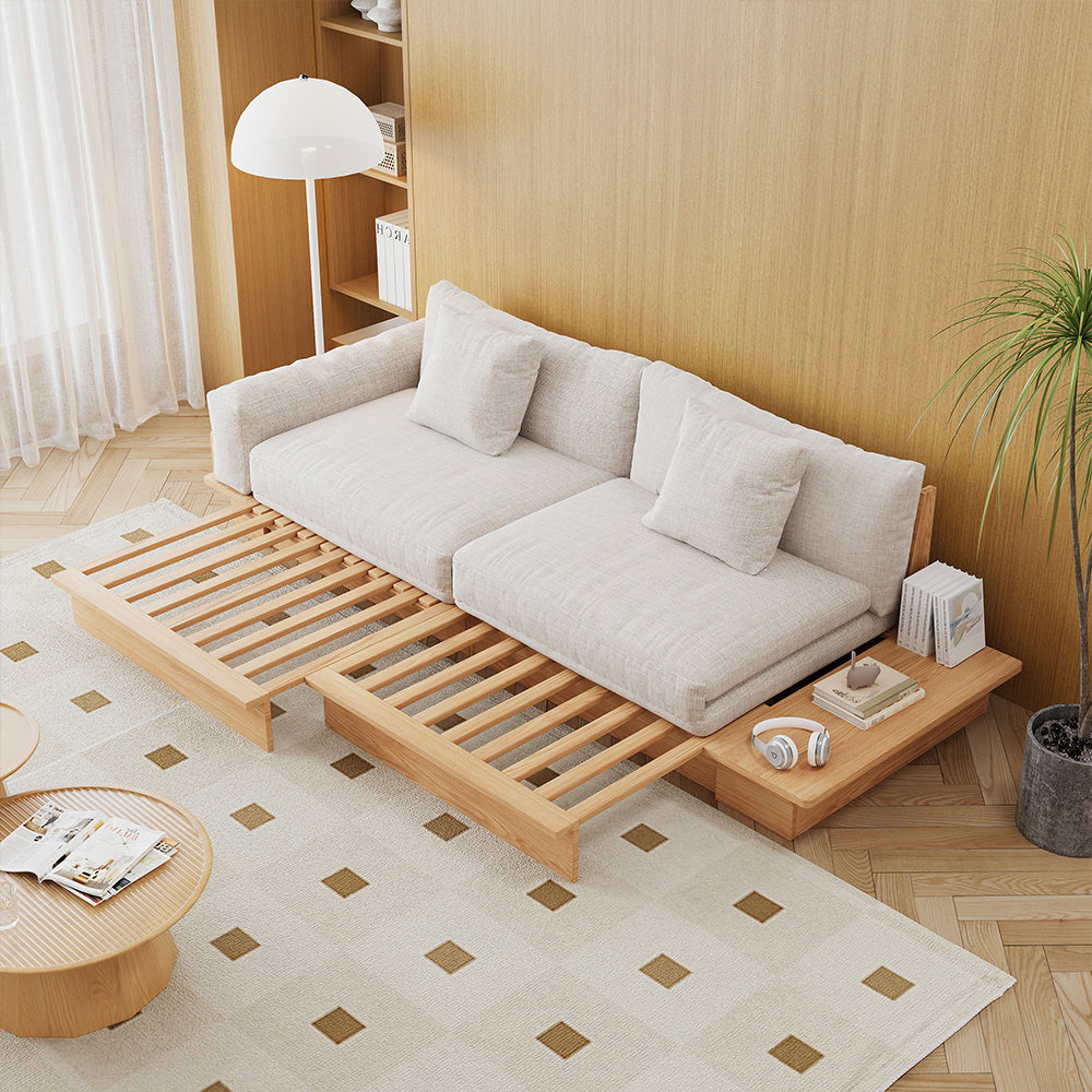 WEHOMZ Holzrahmen-Sofa-Bett, Wendbare Armlehnen & Stauraum, Cord/Leine