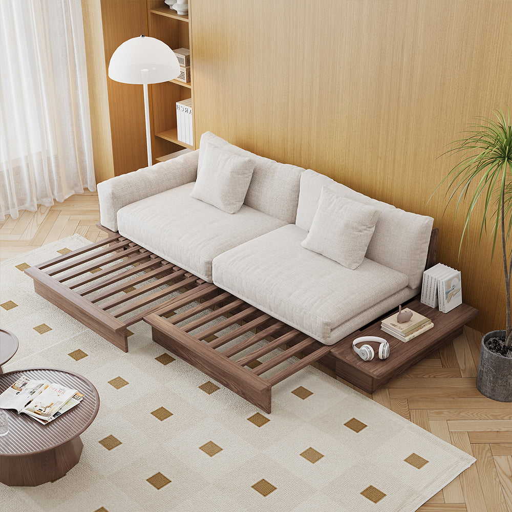 WEHOMZ Holzrahmen-Sofa-Bett, Wendbare Armlehnen & Stauraum, Cord/Leine