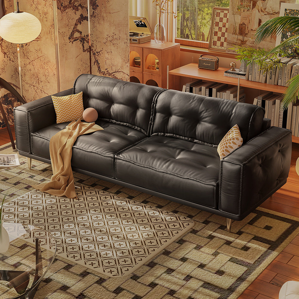 French Vintage Leather Sofa in Black & Brown - Luxurious Comfort with Top-Grain Leather