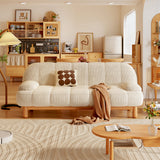 Japandi Loveseat Folding Sofa Bed in Cream White & Green - Corduroy Fabric & Ash Wood Base