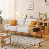 Japandi Style Beige Sofa with Wooden Base & Integrated Cat Den