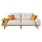Japandi Style Beige Sofa with Wooden Base & Integrated Cat Den