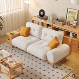 Japandi Style Beige Sofa with Wooden Base & Integrated Cat Den