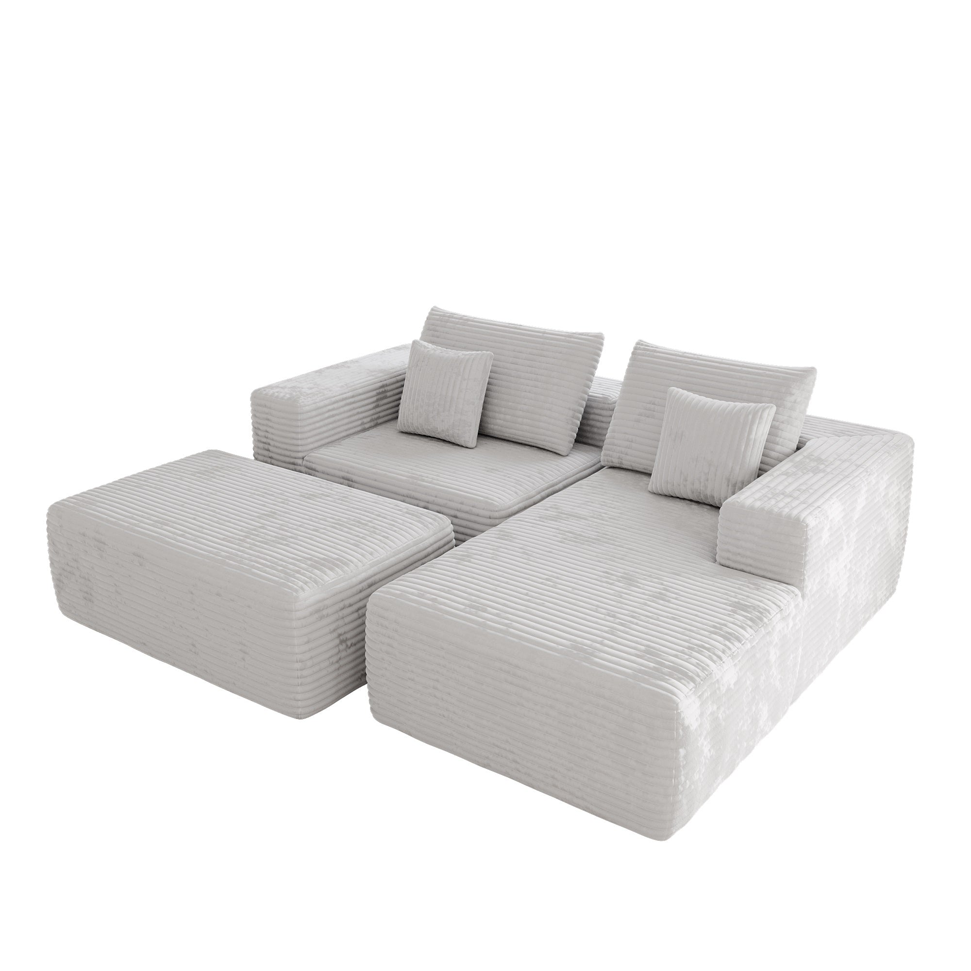 Modern L-Shaped Beige Corduroy Sofa & Ottoman Set - Soft, Durable with Modular Design