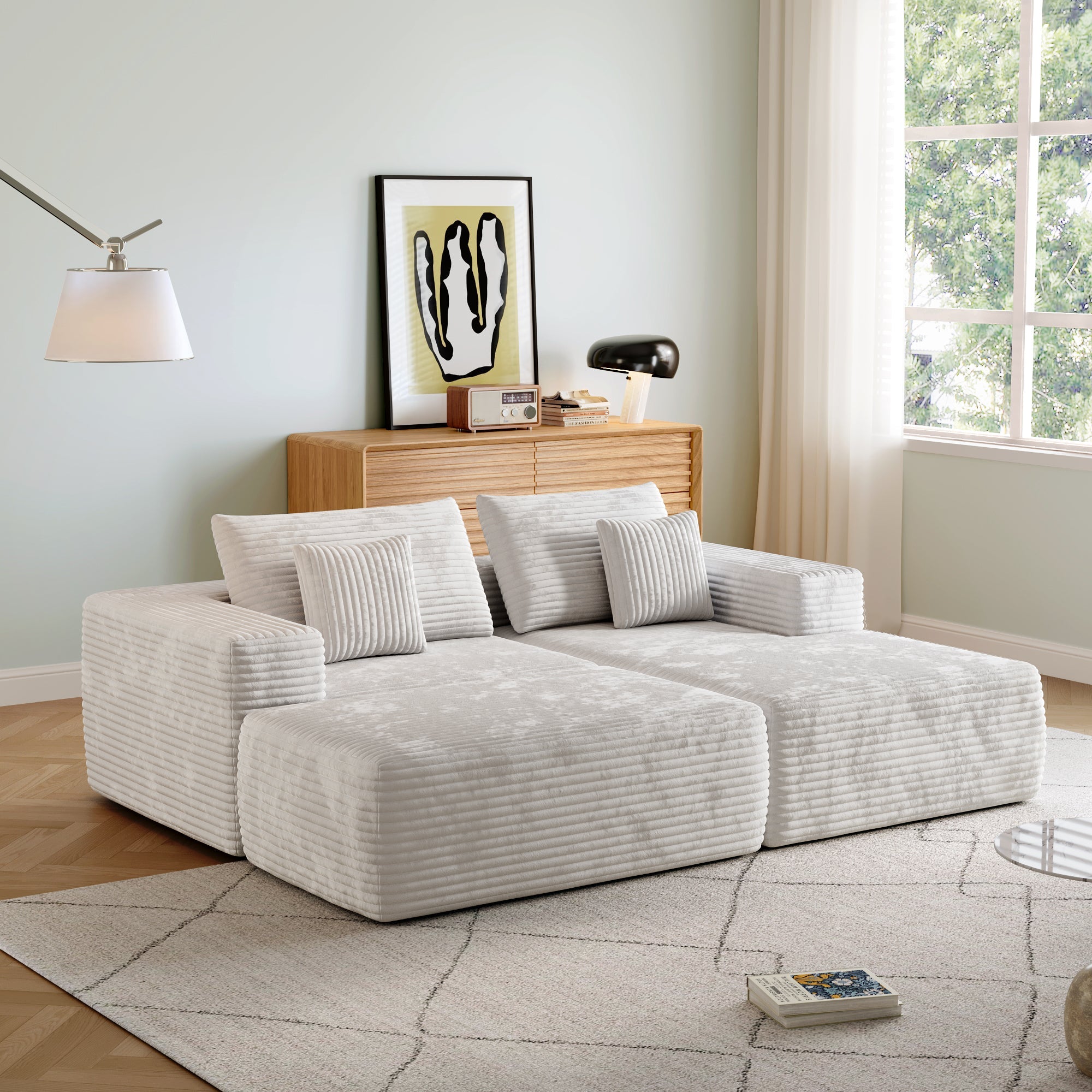 Modern L-Shaped Beige Corduroy Sofa & Ottoman Set - Soft, Durable with Modular Design
