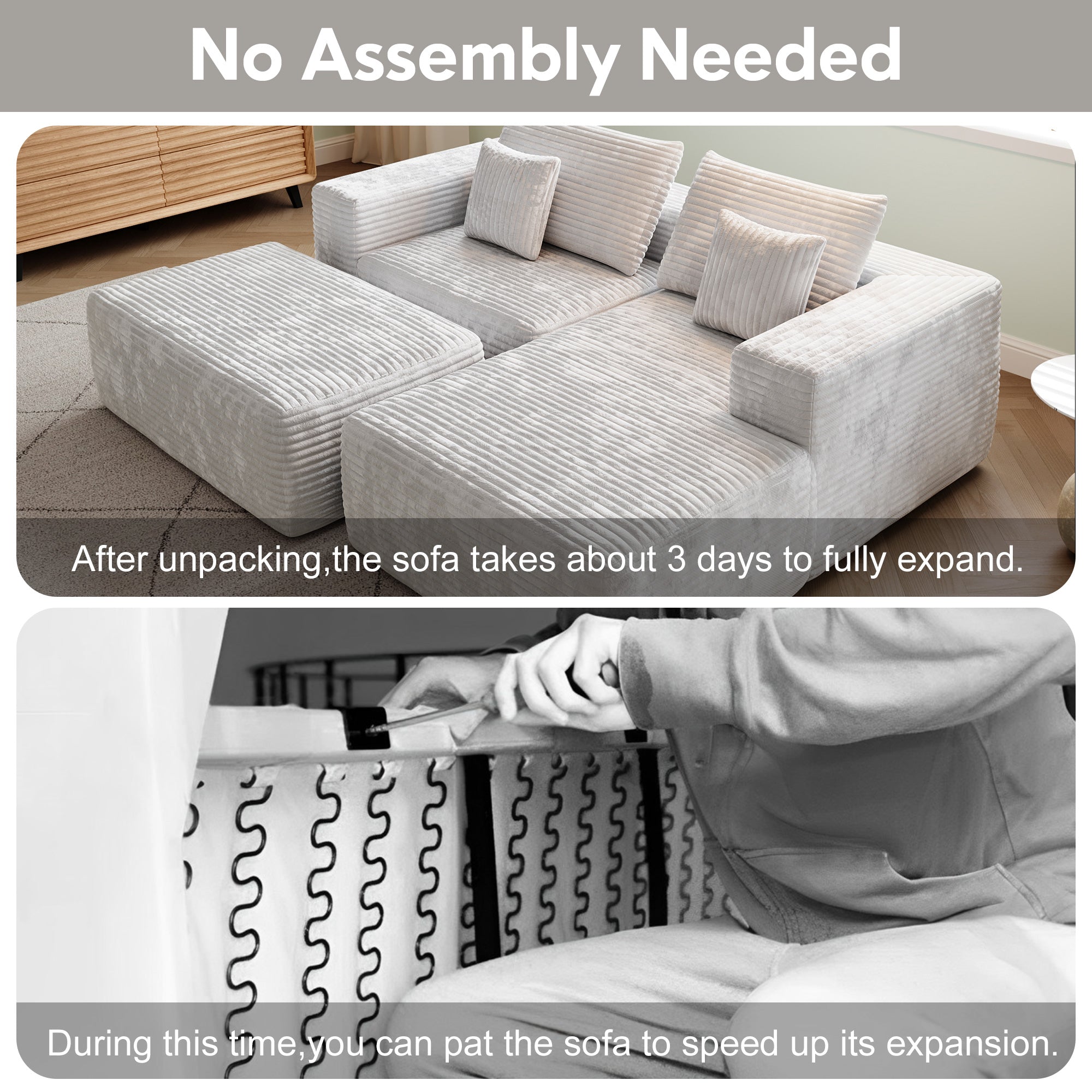 Modern L-Shaped Beige Corduroy Sofa & Ottoman Set - Soft, Durable with Modular Design