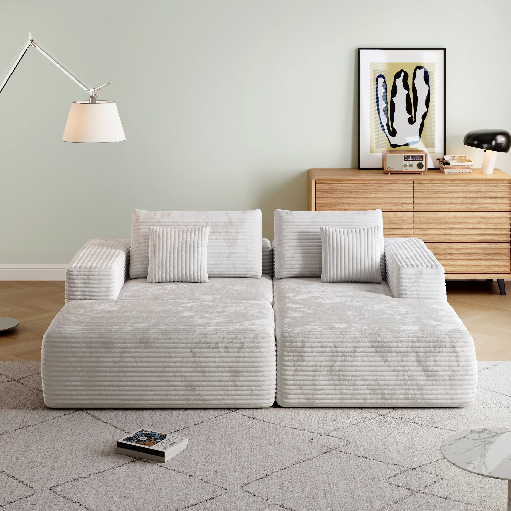 Modern L-Shaped Beige Corduroy Sofa & Ottoman Set - Soft, Durable with Modular Design