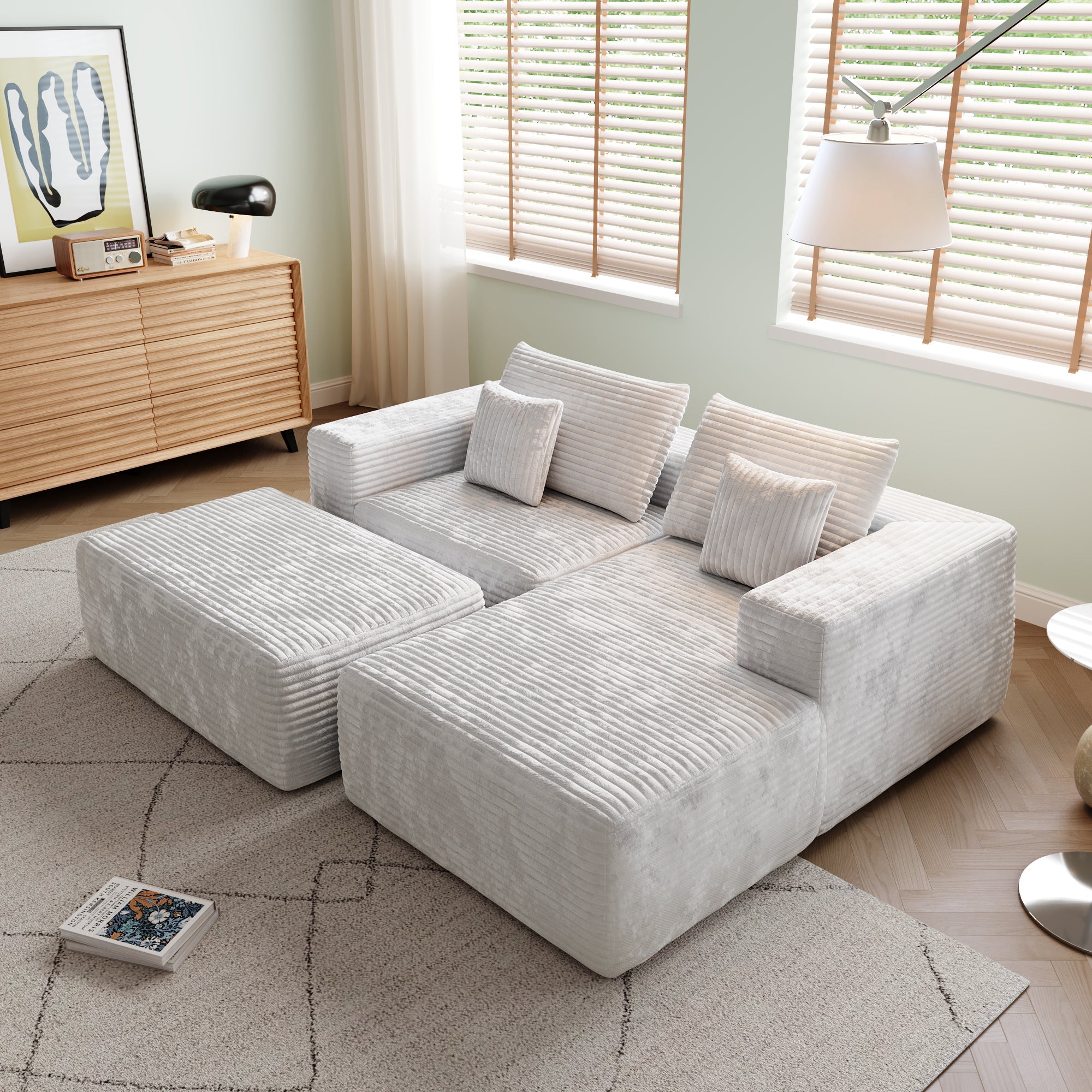 Modern L-Shaped Beige Corduroy Sofa & Ottoman Set - Soft, Durable with Modular Design