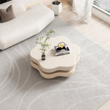Flower-Shaped Beige MDF Coffee Table with Rotating 2-Tier Shelf