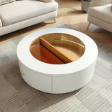 Luxury White MDF Round Coffee Table with Glass Top & Hidden Drawers