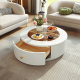 Luxury White MDF Round Coffee Table with Glass Top & Hidden Drawers