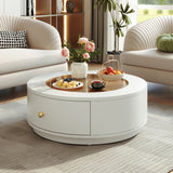 Luxury White MDF Round Coffee Table with Glass Top & Hidden Drawers