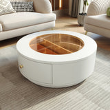 Luxury White MDF Round Coffee Table with Glass Top & Hidden Drawers
