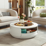 Luxury White MDF Round Coffee Table with Glass Top & Hidden Drawers