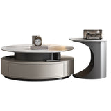 Luxury Slate Top Modern High-Low Round Coffee Table Set with Storage Drawers in Grey