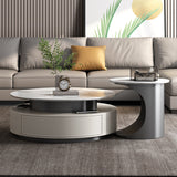 Luxury Slate Top Modern High-Low Round Coffee Table Set with Storage Drawers in Grey