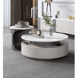Luxury Slate Top Modern High-Low Round Coffee Table Set with Storage Drawers in Grey