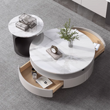 Luxury Slate Top Modern High-Low Round Coffee Table Set with Storage Drawers in Grey