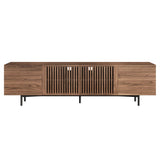 Minimalist Brown TV Stand & Media Console with Slatted Solid Wood Doors