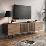 Minimalist Brown TV Stand & Media Console with Slatted Solid Wood Doors