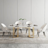 Modern White Marble Dining Table with Gold Stainless Steel Double Pedestal Base