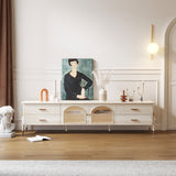 Beige Modern TV Stand with LED Lights & Tempered Glass Doors, 4 Drawers & Solid Wood Feet