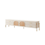Beige Modern TV Stand with LED Lights & Tempered Glass Doors, 4 Drawers & Solid Wood Feet