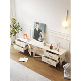 Beige Modern TV Stand with LED Lights & Tempered Glass Doors, 4 Drawers & Solid Wood Feet